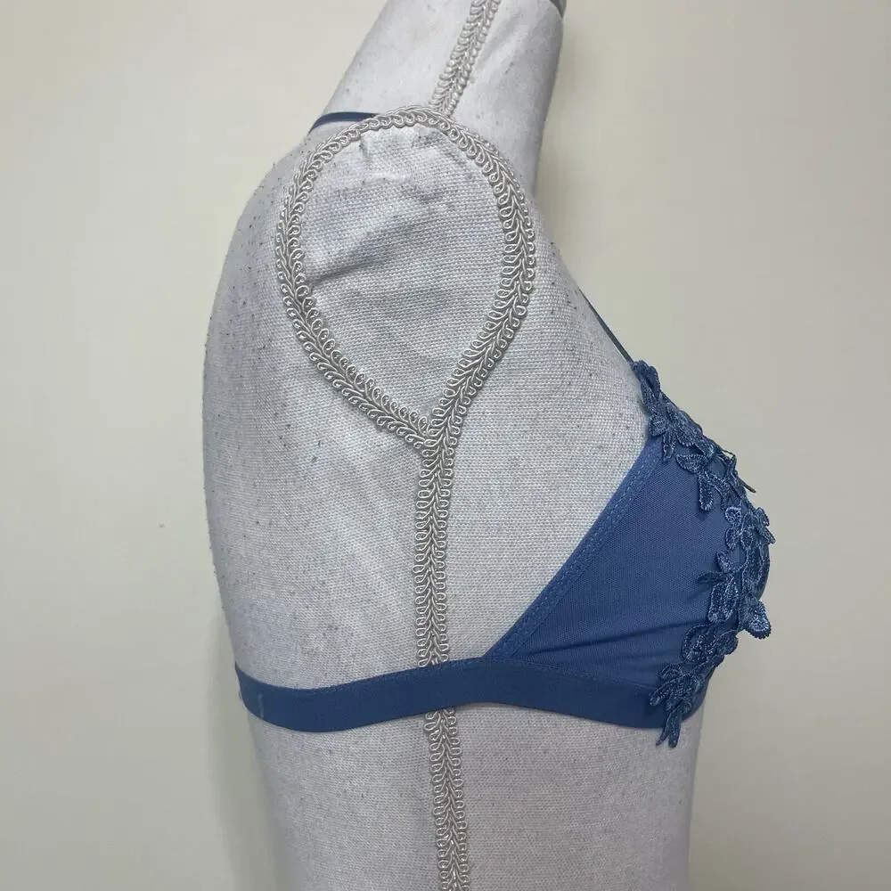 Women Lace Bralette Sexy Bra‎ Floral Lingerie Night Embroidered Flower Blue M/L